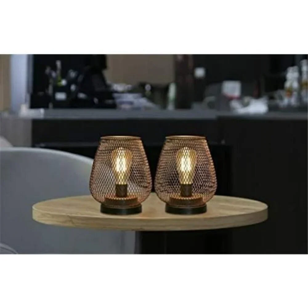 Set of 2 Metal Cage LED Lanterns Battery Powered Indoor Outdoor Decoration Bronz